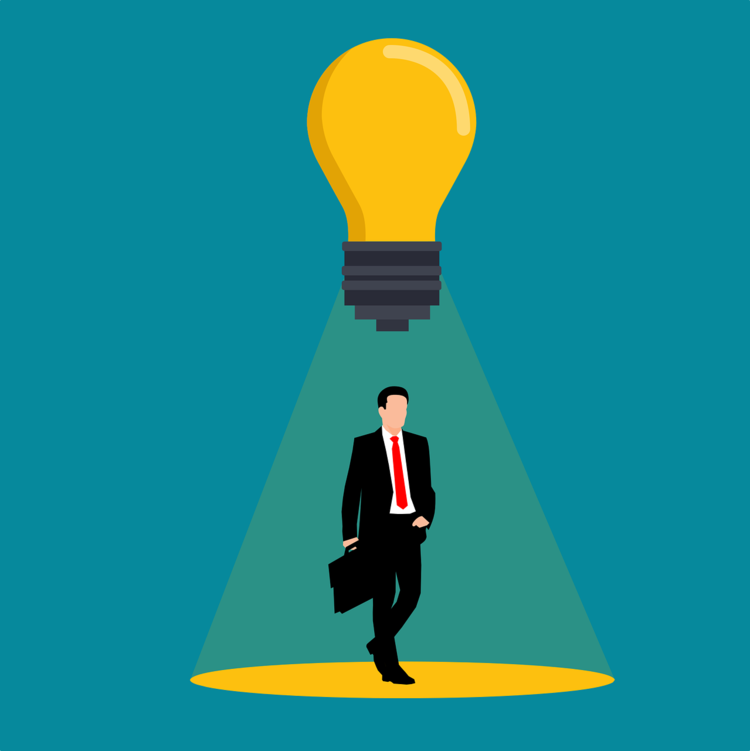 an animated drawing of a businessman standing under a light bulb