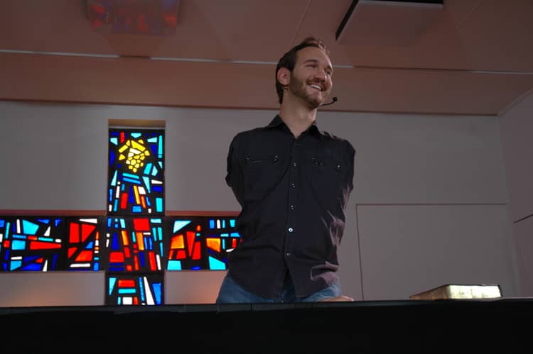 Motivational speaker Nick Vujicic giving a talk.