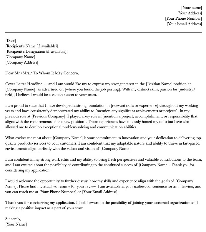 The picture shows a generic cover letter for someone with work experience.